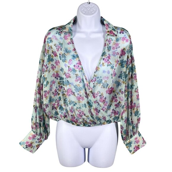 Zara NWT Womens S Floral Wrap Blouse Bell Sleeves Fairy Pastel Chiffon Crop Top - Picture 8 of 15